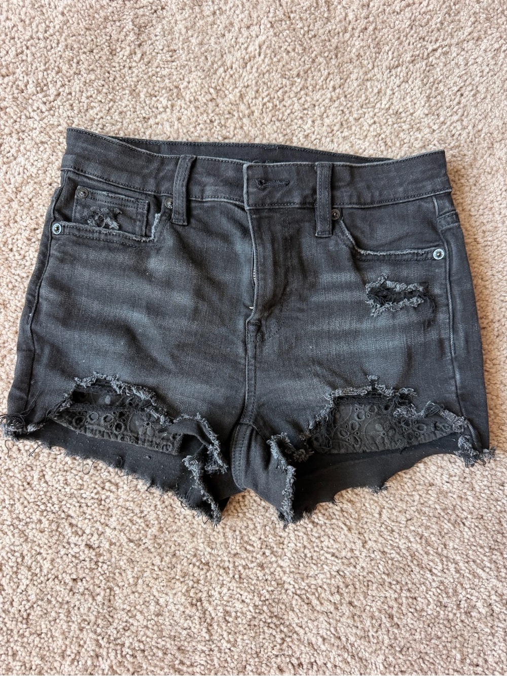 American Eagle Outfitters Black Distressed Denim Shorts with Lace Trim